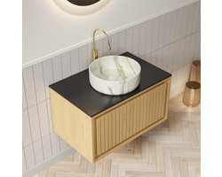 OKWISH Badkamerkast - Hangend Wastafelmeubel Met Lade En Keramische Opzetwastafel - Voor Badkamer - Sintersteen Zwart Eikenlook - 76x48x41,1 cm