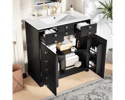 OKWISH Badkamerkast Met Keramische Wastafel - Opbergruimte Met Lades En Kast - Modern Zwart Met Goud - 91,5x47x86,5 Cm