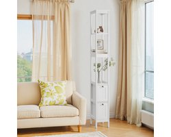 OKWISH Badkamerkast Smal Vrijstaand Met 2 Lades En 3 Open Vakken Voor Badkamer Toilet Waskamer MDF Wit 20x30x160 Cm