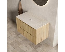 OKWISH Badkamerkast - Zwevend Wastafelmeubel Met 2 Lades - 80 x 46 x 48 cm - Voorgemonteerd Zonder Wasbak - Licht Eiken Hout