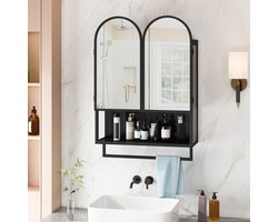 OKWISH Badkamerkasten - Spiegelkasten Badkamermeubel met Doppeltüren en Opslagvakken - Hangend Kast voor Badkamer en Keuken - 60×20×83 cm - Metaal - Zwart