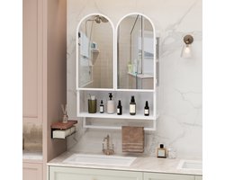 OKWISH Badkamerkasten - Spiegelkasten Badkamermeubel met Doppeltüren en Opslagvakken - Hangend Kast voor Badkamer en Keuken - 60×20×83 cm - Metaal - Wit