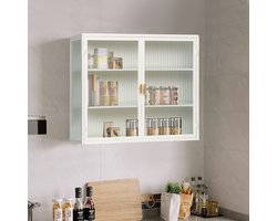 OKWISH Badkamerkasten - Wandkast badkamerkast met Glazen Hangka - 3 Niveaus voor Opbergen - Geschikt voor Badkamer en Woonkamer - 70×23×60 cm - Glas - Wit