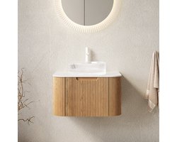 OKWISH Badkamermeubel - Hangend Wastafelmeubel Met Transparante Ronde Glazen Waskom - 61 x 48 x 48,6 cm - 1 Lade - Naturel Wit