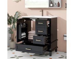OKWISH Badkamermeubel Met Wastafel - 3 Lades En Kastdeur - Vrijstaand Voor Badkamer - Keramiek En MDF Zwart - 73x45,5x83,5 cm