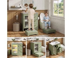 OKWISH Badkamermeubel Met Wastafel - Wandgemonteerd Met 2-in-1 Kinderkruk En Ledverlichting - Groen MDF - 80x50x87 cm