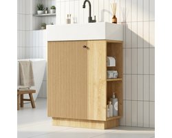 OKWISH Badkamermeubel – Vrijstaand Wastafelmeubel Met Keramische Wastafel – 55 x 32 x 87 cm – 1 Deur 2 Open Vakken – Houtlook