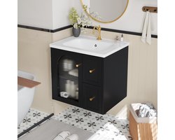 OKWISH Badkameronderkast Met Keramische Wastafel - Wandmontage Met Led En Softclose - MDF Zwart - 60,5x47,5x57 cm
