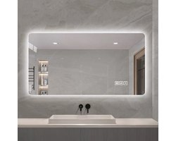 OKWISH Badkamerspiegel – 60x100 cm – 3-kleur LED Dimbaar Met Ontwaseming – Glas;Metaal – Zilver – Aanraakbediening – 5 mm Spiegeldikte