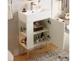 OKWISH Badmeubel – Compact Model – 1 Kast Met Zijvakken – 3D Paneel – Ingebouwd Werkblad En Hoogglans Keramische Wastafel – Waterbestendig MDF Wit