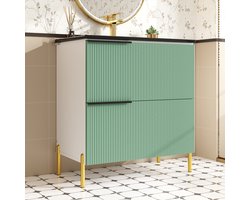 OKWISH Badmeubel – Vrijstaand Met Geïntegreerde Keramische Wasbak – 2 Lades – Ruime Opbergruimte – Mintgroen Met Metalen Grepen En Gouden Poten – MDF