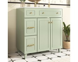 OKWISH Badmeubel – Vrijstaand Wastafelmeubel Met Keramische Wasbak – Opbergruimte Met Lades En Deur – Massief Houten Poten – Gelakt MDF Groen