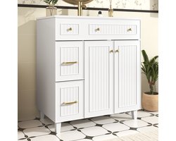 OKWISH Badmeubel – Wastafelonderkast Met Keramische Wastafel – Meerdere Lades+1 Deur – Badkamer Opbergruimte – MDF Wit – Massief Grenen Poten – Metalen Grepen