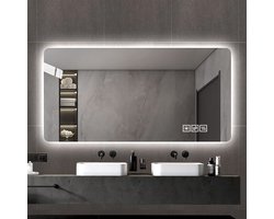 OKWISH Badspiegel – 60x120 cm LED Met 3-Kleur Dimbaar Licht & Ontwasemingsfunctie – Glas; Metaal – Zilver – Touchbediening En Schokbestendige Beschermfolie