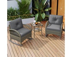 OKWISH Balkonset 3 Delig - 2 Schommelstoelen Met Hoge Rugleuning En Glazen Tafel - Voor Balkon Terras Tuin - Rotan Metaal - Grijs