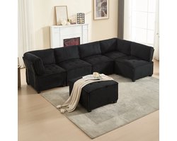 OKWISH Bank - 6-Zits Modulair - Ergonomische Rug- & Armleuningen, Zijopbergtasjes - Voor Woonkamer U-/L-Opstelling Of Slaapbank - Stof - Zwart