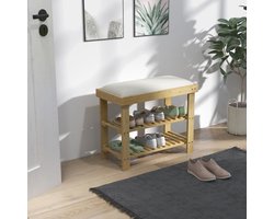 OKWISH Bankje 60 x 29 x 49 cm – Bamboe Schoenenbank met Zitkussen en 2 Open Vakken – Voor Hal en Gang – Hout – Crèmewit