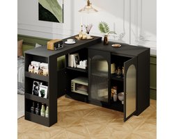 OKWISH Barkast – Draaibaar 360° – Multifunctioneel Eet- En Barmeubel – 120×40×97 cm – Met Glazen Deuren En Open Vakken – Minimalistische Stijl – MDF Zwart