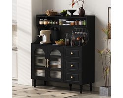 OKWISH Barkast – Hoge Kast Met Stopcontact En Wijnglashouder Voor Keuken En Eetkamer – 120×40×138,5 cm – 3 Lades – MDF Zwart – Gouden Handgrepen