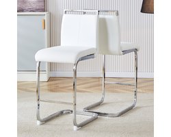 OKWISH Barkruk 63,5 Cm Zithoogte - Set Van 2 Met Voetsteun En Stabiele Metalen Poten - Keuken En Horeca - Kunstleer - Wit Zilver