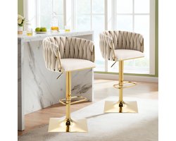 OKWISH Barkruk – Draaibare Barkruk Met Rugleuning & Voetsteun – Gasveer Verstelbaar 65–83 cm – Fluweel – Ivoor – 150 kg Draagvermogen – Gouden Poten
