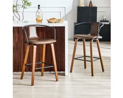 OKWISH Barkruk - Set Van 2 Met Armleuningen En Rugleuning - Scandinavisch Design Voor Keukeneiland En Bartafel - Hout En Kunstleer - Bruin