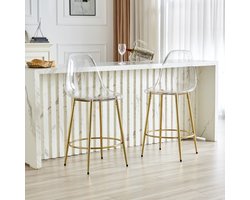 OKWISH Barstoel 66 Cm - Transparant Design Met Rugleuning - Set Van 2 Voor Keukeneiland En Bar - Metaal En Kunststof - Goud