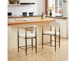 OKWISH Barstoel Met Armleuningen Set Van 2 - Moderne Vintage Keukenkrukken Voor Kookeiland - Stoffen Zitting - Metalen Frame - Beige