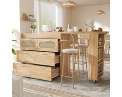 OKWISH Bartafel – 360 Graden Draaibaar – 6 Lades En Rotan Deuren – Voor Keuken En Woonkamer – Naturel – 128-203x39x90 cm