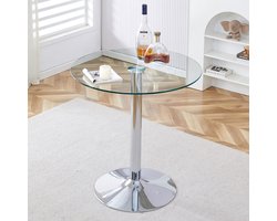 OKWISH Bartafel – Rond Glazen Tafelblad – Voor Thuisbar En Horeca – Glas Transparant Metaal Zilver – 89 Cm Diameter 92 Cm Hoog