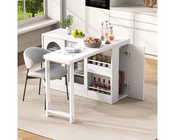 OKWISH Bartafel – Uittrekbaar 360° Draaibaar – Met Opbergruimte En Glazen Schuifdeuren – Multifunctionele Keukenbar/Keukeneiland – MDF Wit – 121.5x40x76.7 cm