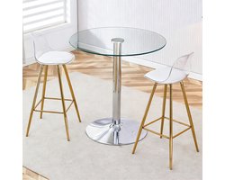OKWISH Bartafelset 89 Cm - Ronde Glazen Tafel Met 2 Barkrukken - Voor Keuken Bar Of Lounge - Glas En Metaal - Goud