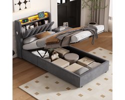 OKWISH Bed 90 x 200cm - Eenpersoonsbed Met Gasdrukveer Opbergruimte - LED Verlichting En USB - Fluwelen Bedframe - Donkergrijs
