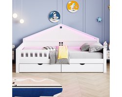OKWISH Bed 90x200 cm - LED-licht Bedienbaar Met Smartphone - Met Lattenbodem - Met 2 Laden - Jeugdkamer - Hout;MDF - Wit - Zonder matras