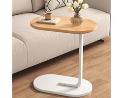 OKWISH Bijzettafels - C‑Vormige Bijzettafel Met Houten Blad En Metaal Onderstel, Sidetable Voor Sofa Of Nachtkast, Moderne Bijzettafel Op Wieltjes, Bruin, 45x30 cm, 63 cm Hoog