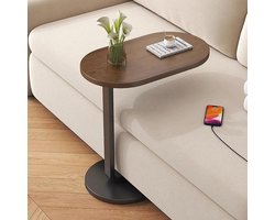 OKWISH Bijzettafels - C‑Vormige Bijzettafel- Sidetable Met Houten Blad En Metaal Onderstel - Moderne Bijzettafel Op Wieltjes -Walnoot - 45x30 cm - 63 cm Hoog