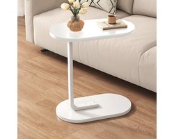 OKWISH Bijzettafels – Moderne Bijzettafel Met Stevig Metaalframe, Sidetable Voor Woonkamer En Slaapkamer, Hout + Metaal – Wit (Ovaal)