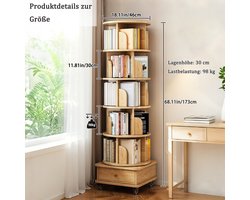 OKWISH Boekenkast Draaibaar – 58 x 56 x 29 cm – MDF – Houtkleur – Met Lade En Wielen – Ronde Open Opbergkast Voor Kleine Ruimtes