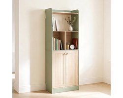 OKWISH Boekenkast – Hoge Displaykast Met Open Vakken En Dichte Onderkast – Modern Opbergmeubel – Groen En Hout – 60 X 30 X 161,2 Cm