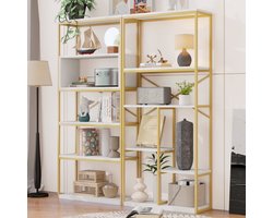 OKWISH Boekenkast - Open Opbergrek Met Meerdere Vakken - Woonkamer En Kantoor - MDF En Metaal Wit Goud - 160x29,5x180 cm