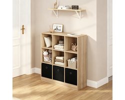 OKWISH Boekenkast – Ruime Opbergruimte – 80 x 86,5 x 30 cm – Hout Met Melamine en Vliesstof – Licht Eiken en Zwart – Vrijstaand Vakkenrek Met 3 Lades