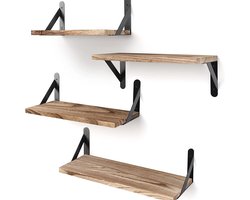 OKWISH Boekenplanken - Wandplank Set van 4 met Wandrek Hout en Wandplank Opbergruimte - Houten Wandplank met Stalen Beugels - Hout - Bruin
