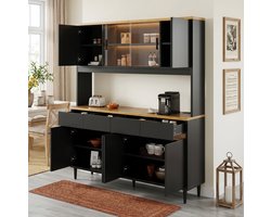 OKWISH Buffetkast - 160 x 40 x 185 cm - Met LED-Verlichting, Stopcontact, USB-A En USB-C - Glazen Deuren - Zwart En Eikenkleur - Kast