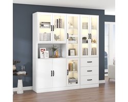 OKWISH Buffetkast – Combinatie Vitrinekast Met Ledverlichting – 180 x 40 x 200 cm – 8 Deuren En 3 Lades – Spaanplaat Wit