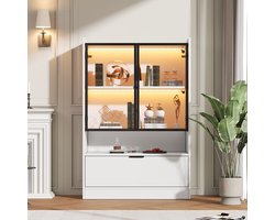 OKWISH Buffetkast - Led Vitrinekast Met Glazen Deuren En Neerklapvak - 120 x 80 x 35 cm - Opbergkast Voor Woonkamer - Wit