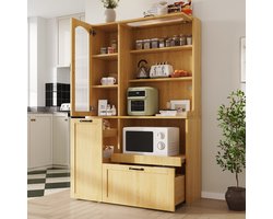OKWISH Buffetkast – Verstelbare Planken En Lade – Uitschuifbaar Werkblad – MDF Naturel – 98 x 40 x 177 cm