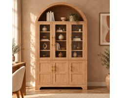 OKWISH Buffetkast – Vitrinekast Met 6 Deuren – Verstelbare Planken – Open Boognis – Natuurlijke Houtkleur – MDF En Spaanplaat – 110 x 40 x 185 cm