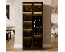 OKWISH Buffetkast - Vitrinekast Met App-Bedienbare LED-Verlichting - 60×36×160 cm - 2 Glazen Deuren - Wijnrek - MDF Zwart