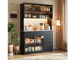 OKWISH Buffetkast – Vitrinekast Met LED-Verlichting – 120 x 40 x 180 cm – Met Lades En Glaselementen – MDF Zwart Wit