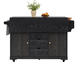 OKWISH Buitenkeuken Keukenwagen – Uitklapbare Zijtafels – 3 Lades En Opbergruimte – Verrijdbaar Met Rem – MDF En Metaal Zwart – 142,5×80×95 cm